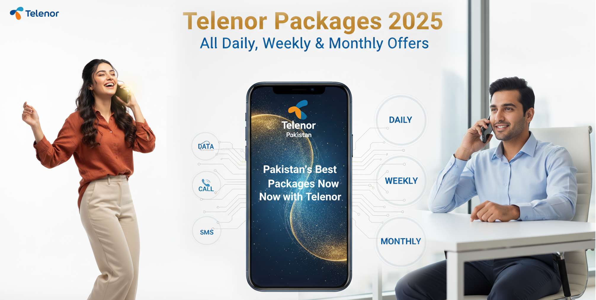 Telenor Packages 2025 guide showing all Daily, Weekly, and Monthly data, call, and SMS offers.