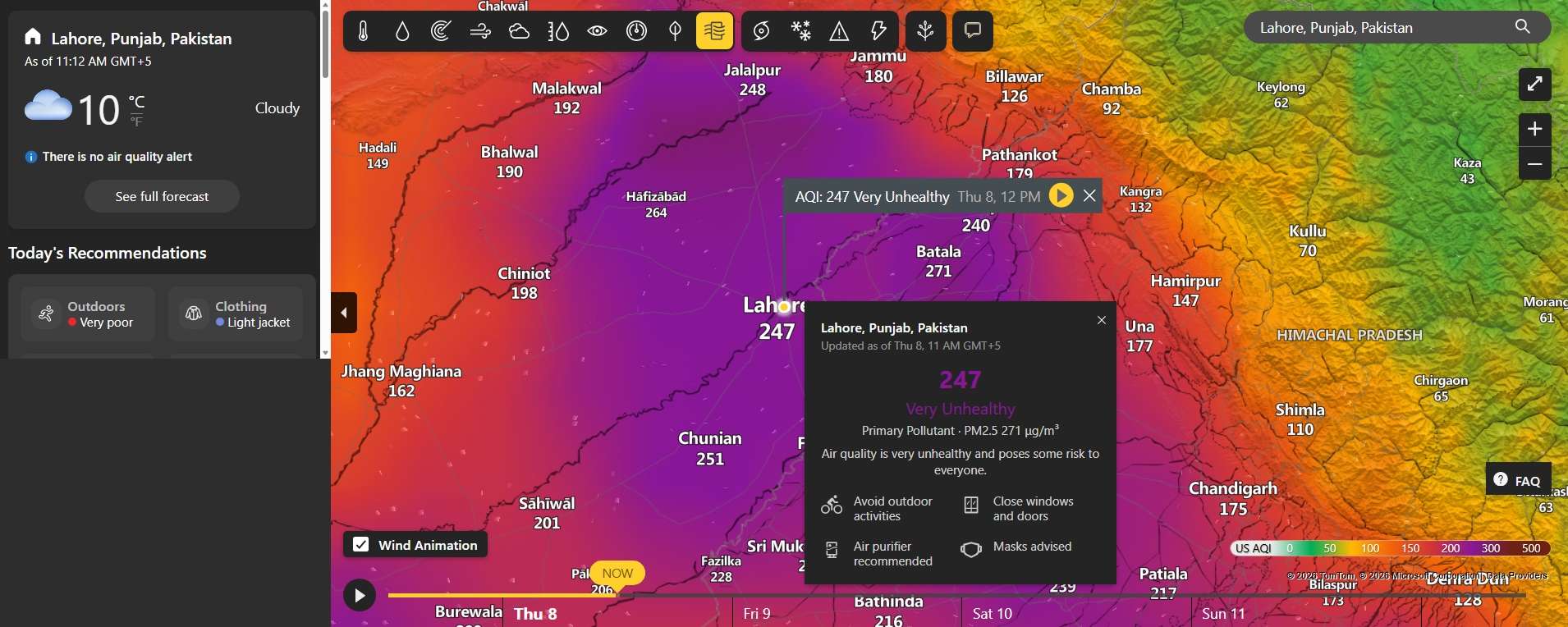 Lahore weather dashboard showing temperature, rain, wind speed, and humidity