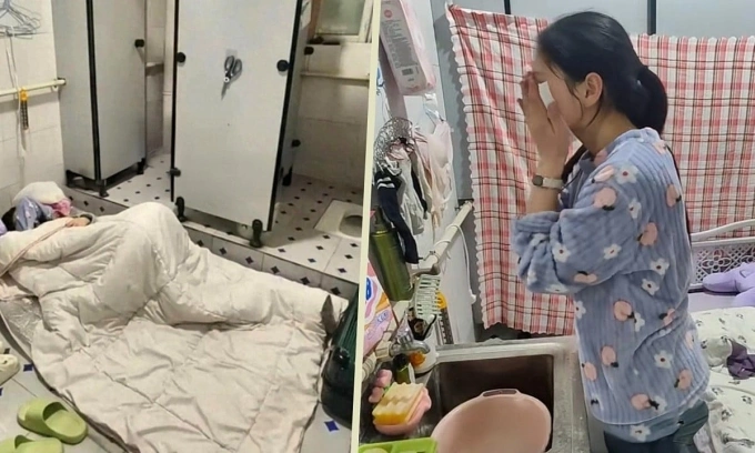 18-year-old girl Yang sets up a folding bed in a small office toilet to save money.