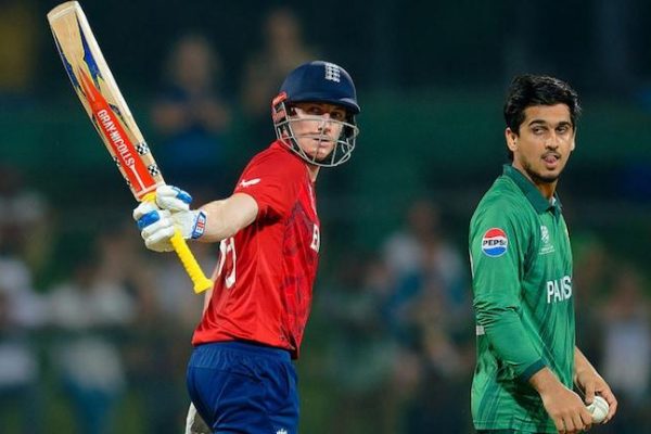 Harry Brook celebrates his century during the T20 World Cup 2026 match.
