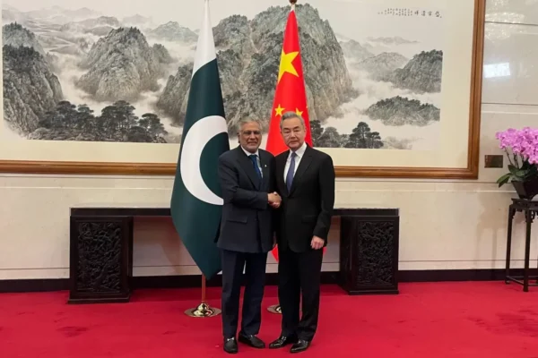 Pakistan and China discuss Middle East peace efforts in Beijing.